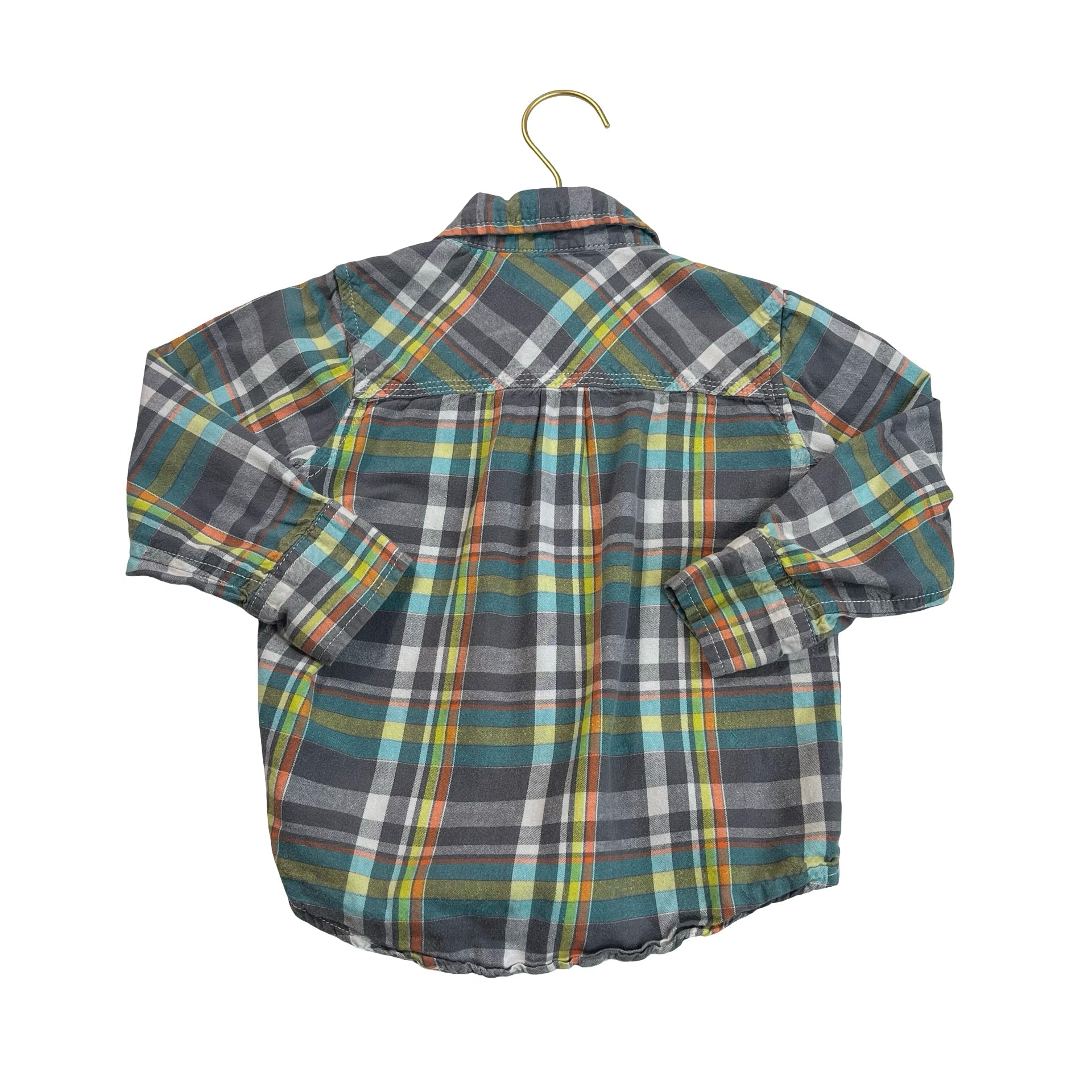 Old Navy Gray, Orange, Yellow, Green Plaid Button Down - Size 3T - Bounce Mkt