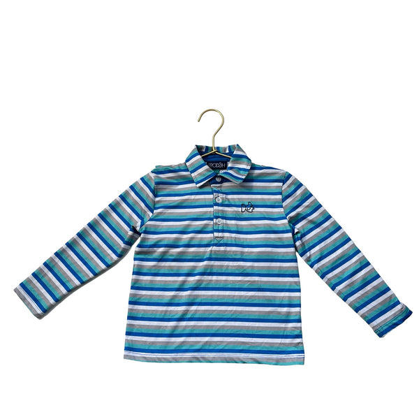 Prodoh Blue, Gray & Teal Stripe Long Sleeve Polo Shirt - Size 3 - Bounce Mkt