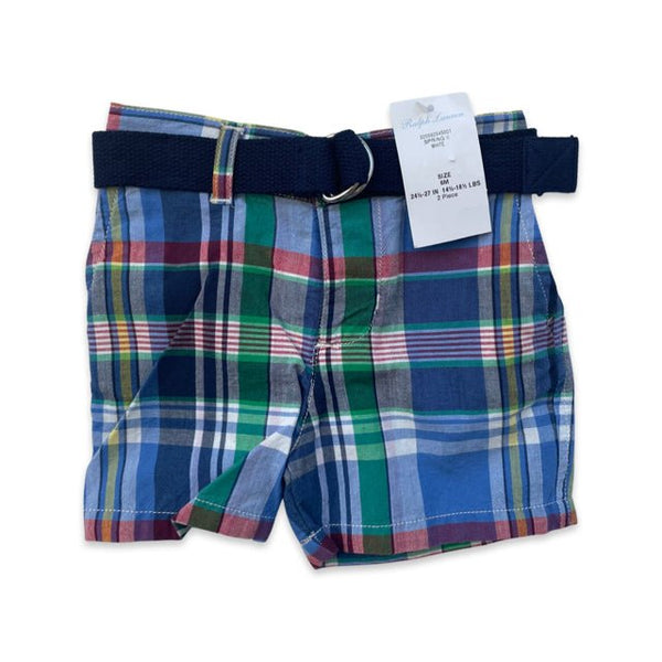 Ralph Lauren Blue Plaid Belted Shorts with Tags - Size 6 Mo - Bounce Mkt