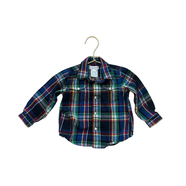 Ralph Lauren Navy, Black & Yellow Plaid Flannel Snap Down Shirt - Size 9 Months - Bounce Mkt