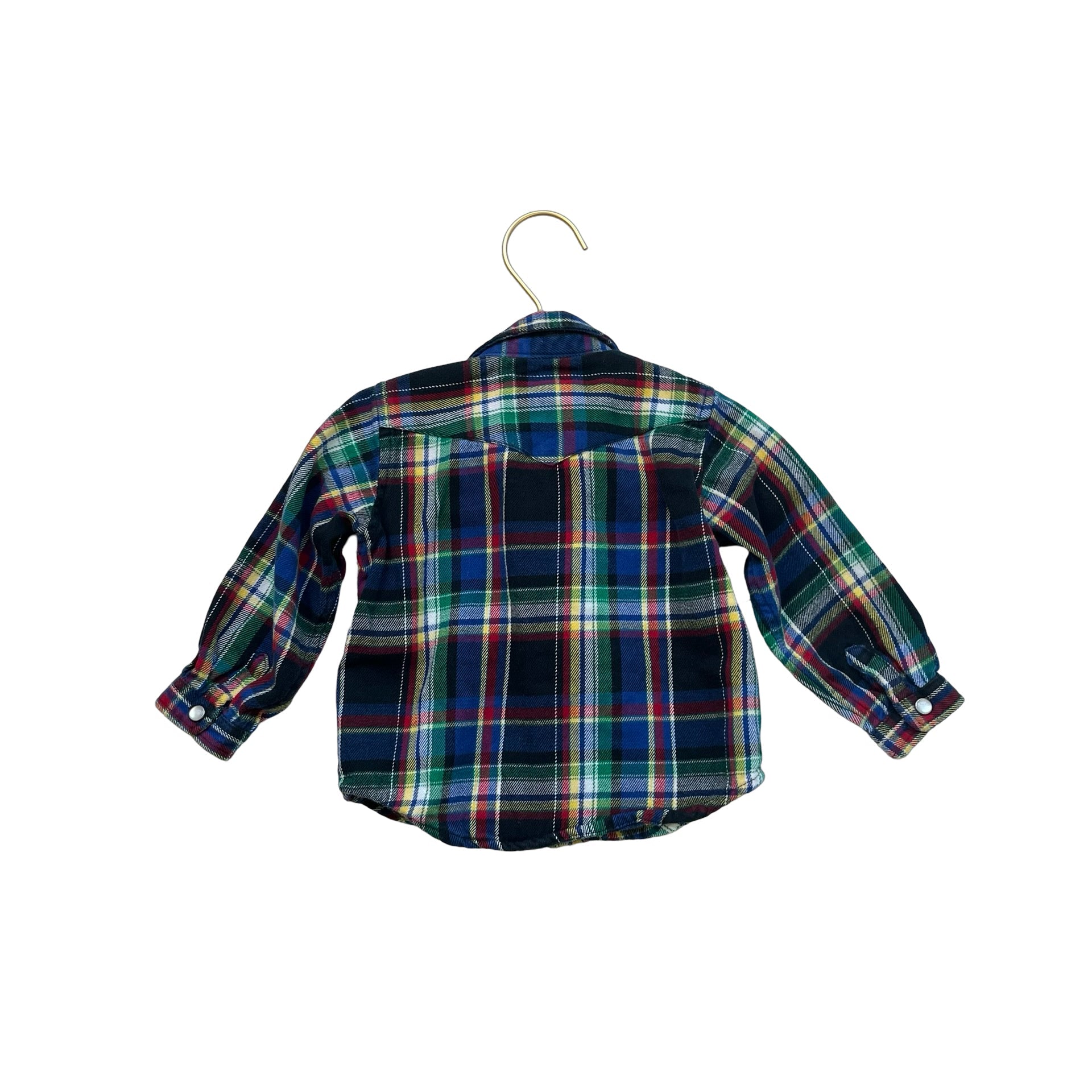 Ralph Lauren Navy, Black & Yellow Plaid Flannel Snap Down Shirt - Size 9 Months - Bounce Mkt