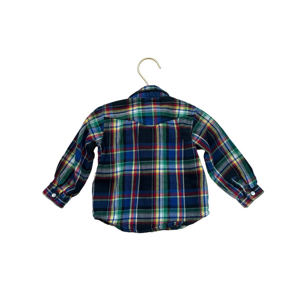Ralph Lauren Navy, Black & Yellow Plaid Flannel Snap Down Shirt - Size 9 Months - Bounce Mkt