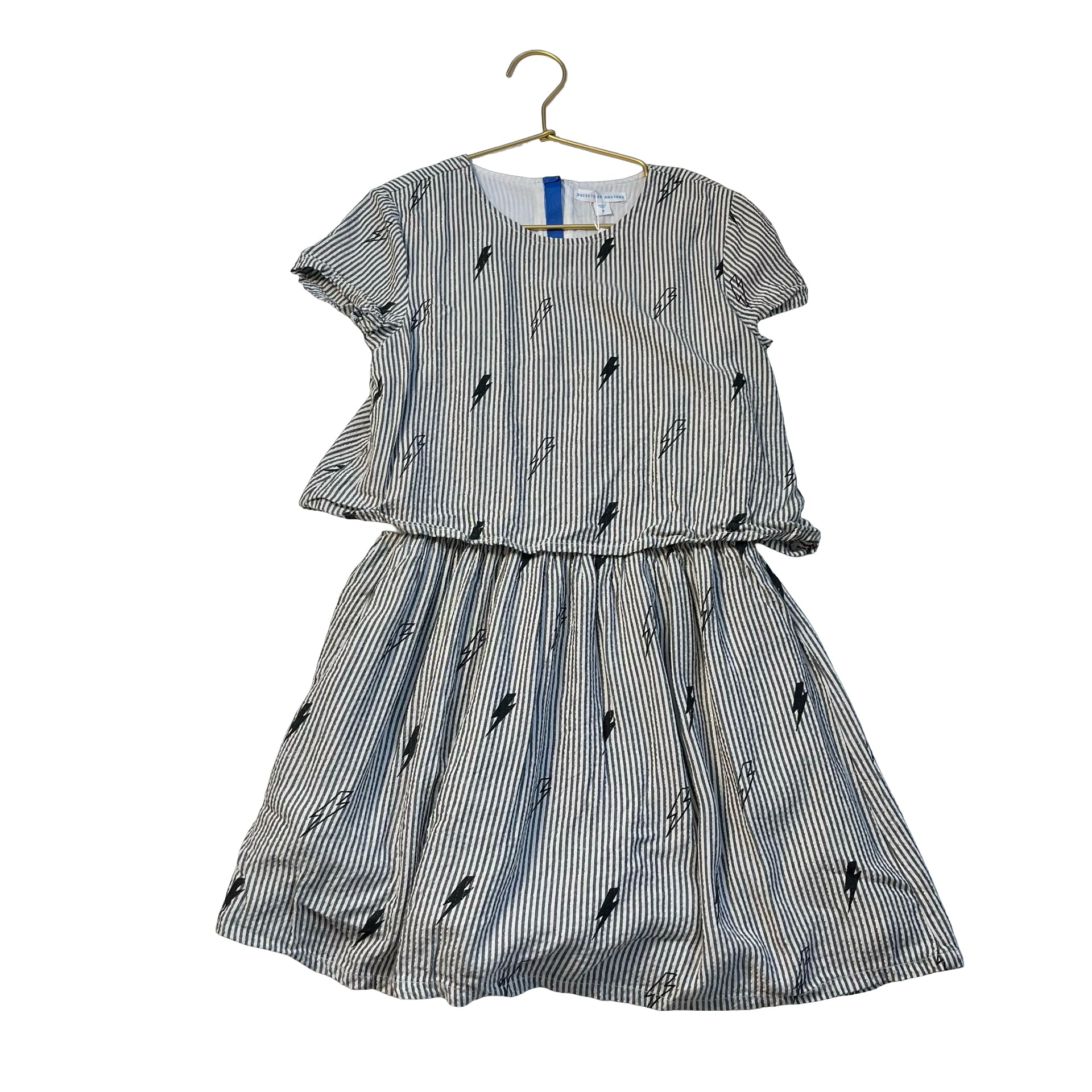 Rockets of Awesome Gray & White & Metallic Seersucker Bolt Print Dress - Size 8 - Bounce Mkt