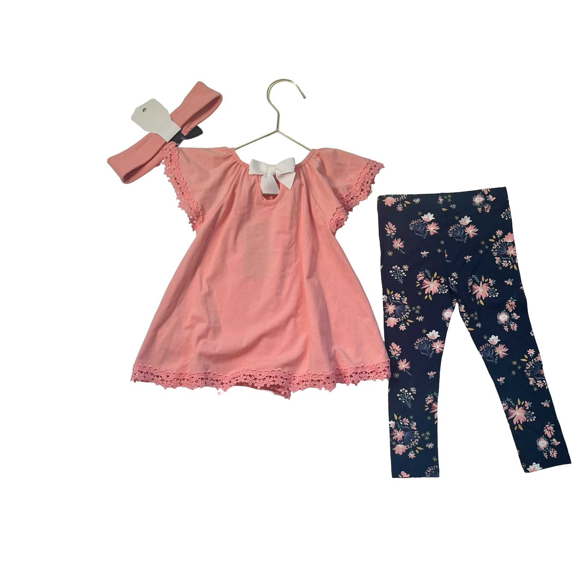 Shabby Chic Peach Shirt, Headband & Navy Leggings Set - Size 18 Mo - Bounce Mkt