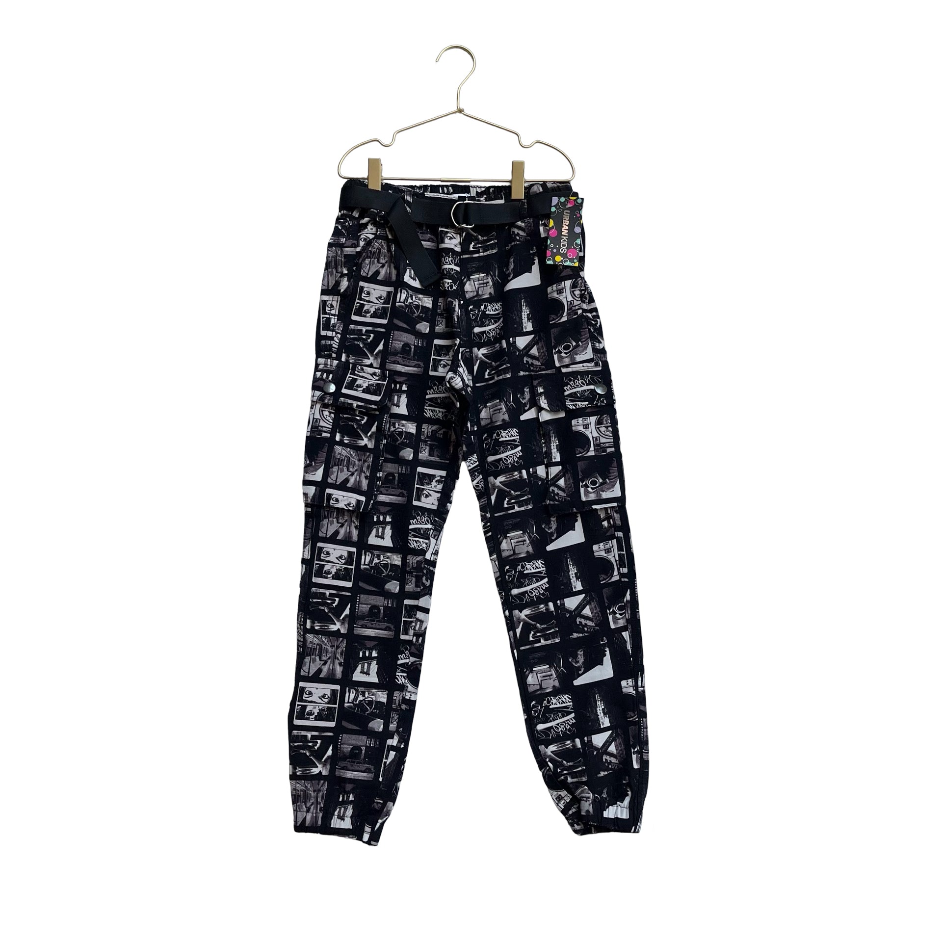 Urban Kids Black Photo Print Cargo Belted Pants with Tags - Size M 10 - 12 - Bounce Mkt