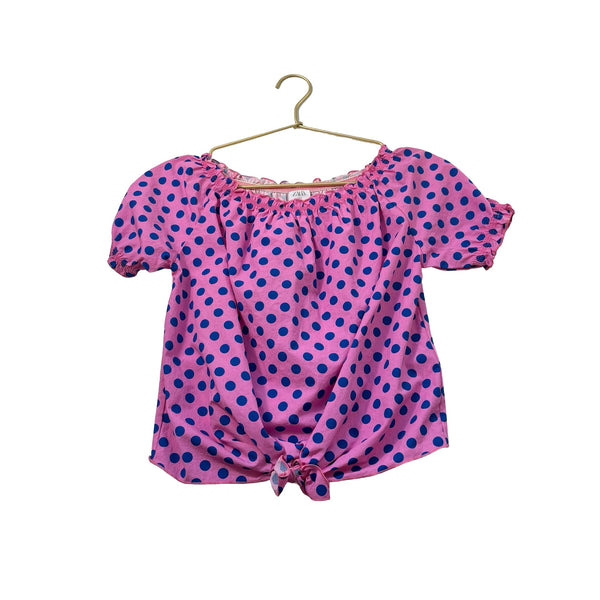 Zara Pink & Blue Dot Tie - Front Blouse - Size 9 - Bounce Mkt