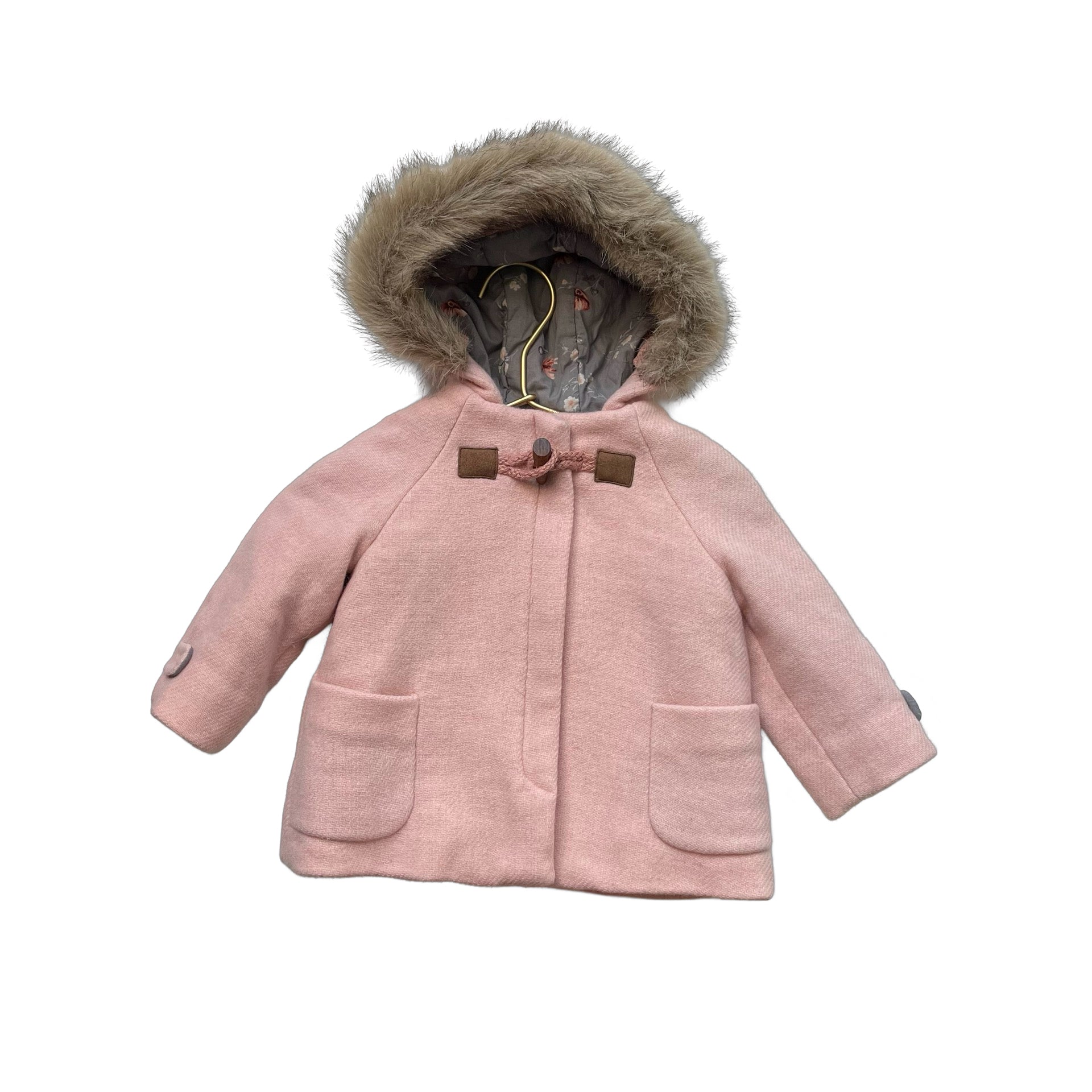 Zara Pink Coat, Faux Fur Hood Trim - Size 6 - 9 Mo - Bounce Mkt