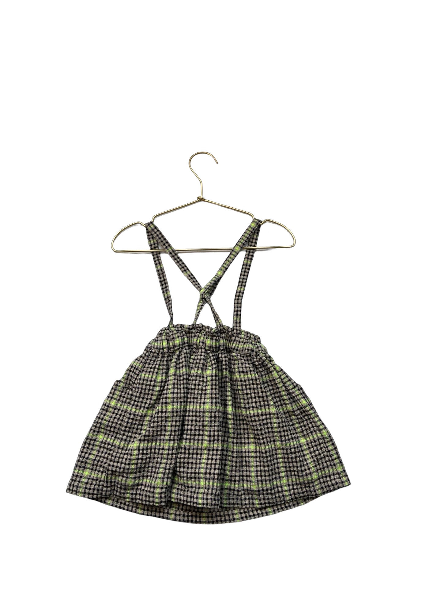 Zara Tan, Black Neon Green Plaid Suspender Skirt - Size 2 - 3 - Bounce Mkt