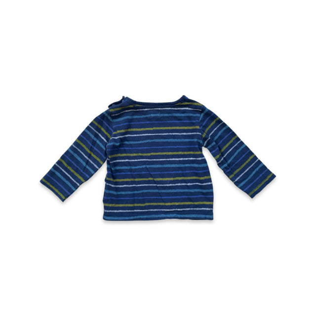 Mots D'Enfant Blue Stripe 'Trop Beau' Long Sleeve Top - Size 12 Months