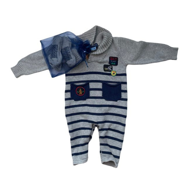 Andy & Evan Gray & Navy Knit One Piece & Booties - Size 6-9 Months - Bounce Mkt
