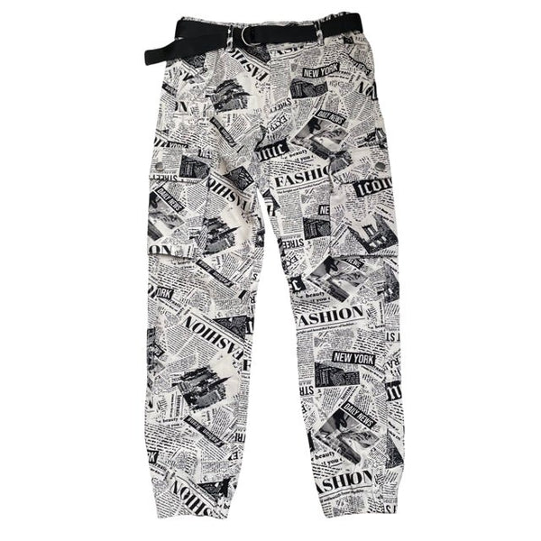 Urban Kids Ivory & Black Newsprint Cargo Belted Pants with Tags - Size M 10-12 - Bounce Mkt