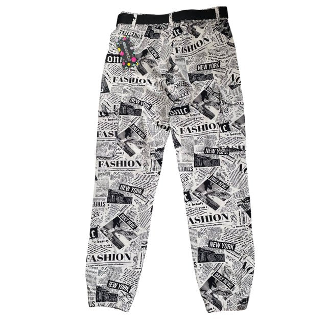 Urban Kids Ivory & Black Newsprint Cargo Belted Pants with Tags - Size M 10-12 - Bounce Mkt